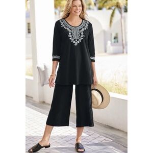WOMEN COASTAL RESORT TOP 3X COTTON BLACK EMBROIDERED TROPICAL VACATION CRUISE